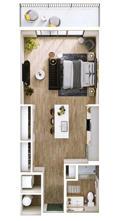 Floor plan for studio, 1 bath, 624 sqft